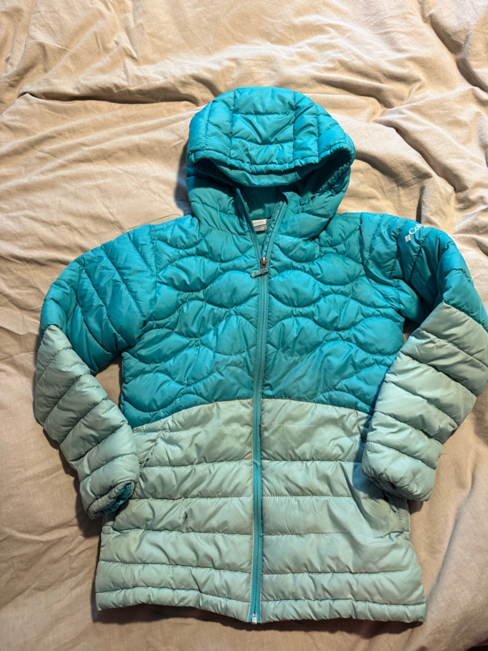 Columbia Teal and Light Teal Kids Puffer Jacket with Hood
